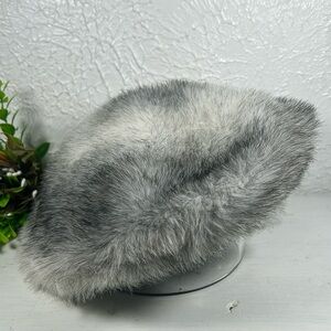 Beret Gray White Black Faux Fur Cold Weather Beret Hat w/ Elastic headband